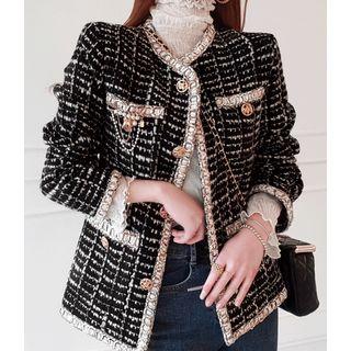 Contrast-trim Metallic-button Tweed Jacket