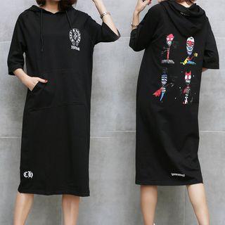 Print Elbow-sleeve Hoodie Dress