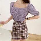 Short-sleeve Shirred Blouse / High-waist Plaid A-line Skirt