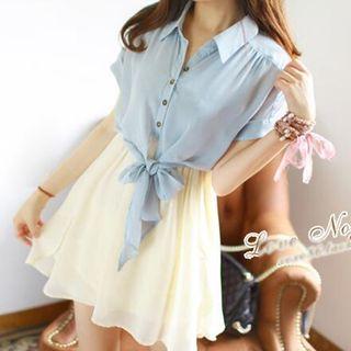 Mock Two-piece Stand-collar Single-breasted Short-sleeve Chiffon Panel Dress