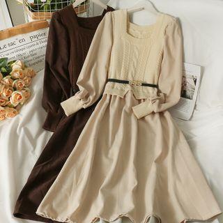 Patchwork Square-neck Midi Dress With Belt