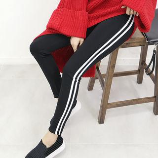 Fleece-lined Contrast-trim Leggings Pants Black - One Size