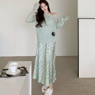 Light Knit Top / Spaghetti-strap Floral Print Midi A-line Dress