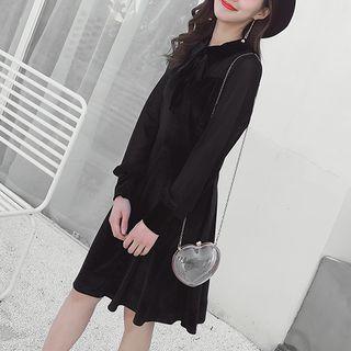 Chiffon Panel Velvet Long-sleeve A-line Dress