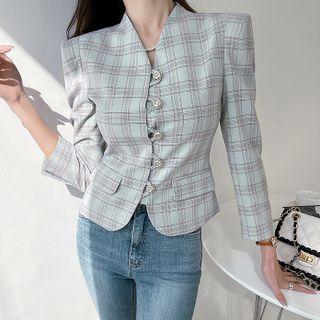 Collarless Sharp-shoulder Plaid Jacket