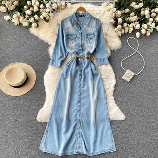 Long-sleeve Slit Denim Maxi Dress