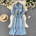 Long-sleeve Slit Denim Maxi Dress