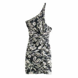 Sleeveless One-shoulder Floral Print Slim-fit Dress