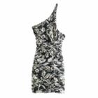 Sleeveless One-shoulder Floral Print Slim-fit Dress