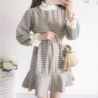 Plaid Long-sleeve Ruffle Hem Dress With Belt
