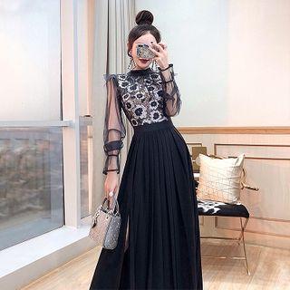 Flower Print Panel Long-sleeve Maxi A-line Dress