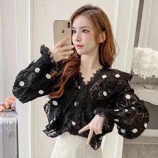 Fringed Lace Dotted Ruffled Blouse