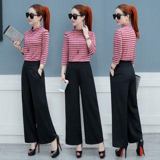 Set: Striped 3/4 Sleeve T-shirt + Wide Leg Pants