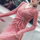 Star Printed V-neck Asymmetric Long-sleeve Top + High-waist Skirt