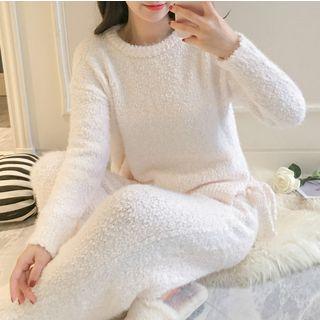 Loungewear Set: Long-sleeve Ribbon-side Top + Pants Set - Top - Stripe - Tangerine & White - One Size / Pants - Stripe - Tangerine & White - One Size
