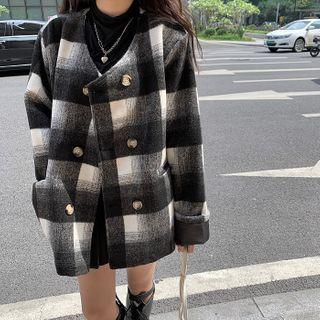 Plaid Woolen Loose-fit Coat Coat - One Size