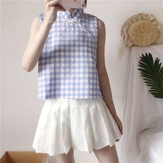 Sleeveless Plaid Mandarin Collar Top