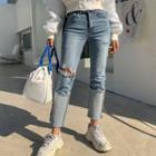 Wide-cuff Distressed Straight-cut Jeans