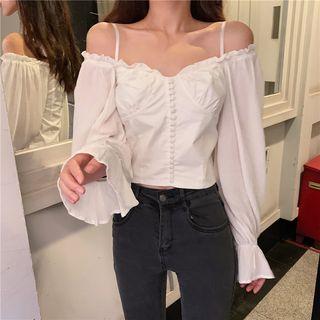 Lantern-sleeve Off-shoulder Cropped Top