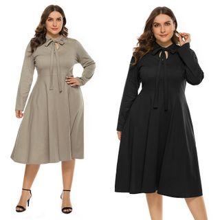 Plus Size Long-sleeve Tie-neck A-line Dress