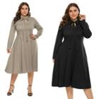 Plus Size Long-sleeve Tie-neck A-line Dress