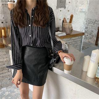 Striped Long-sleeve Shirt / Faux-leather Skirt