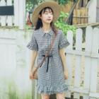 Short-sleeve Frill Trim Plaid Mini Dress