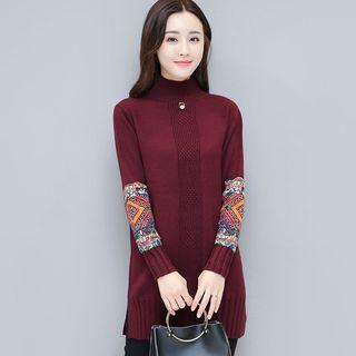 Patterned Patch Mock Neck Long Sweater