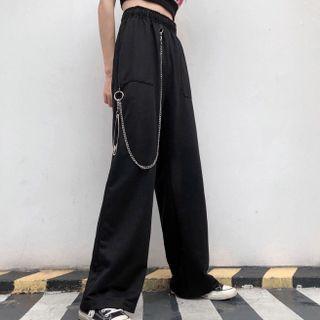 High-waist Plain Wide-leg Pants / Waist Chain