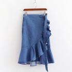 Denim Ruffled Midi Skirt