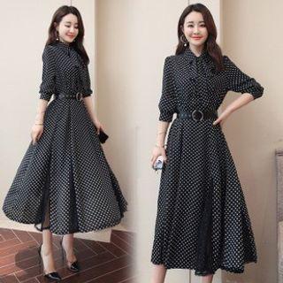 Puff-sleeve Dotted Collared Midi A-line Dress