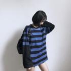 Mock Two-piece Long-sleeve Striped T-shirt Stripe - Blue - One Size