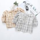 Puff-sleeve Frog-button Plaid Blouse