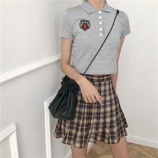 Embroidered Polo Shirt / Plaid Pleated Skirt