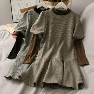 Set: Houndstooth Puff-sleeve Mini Dress + Plain Top