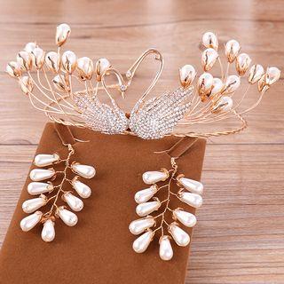Wedding Set: Faux Pearl Headpiece + Drop Earring Gold - One Size