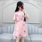 Set: Printed Spaghetti Strap A-line Dress + Cape