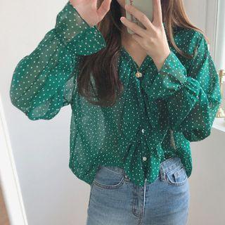Ruffle-trim Dotted Shirt Green - One Size