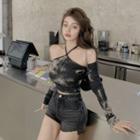 Tie-dye Long-sleeve Slim-fit Halter Top Black - One Size