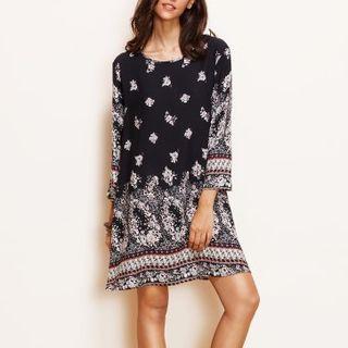 Round Neck Pattern Print Shift Dress