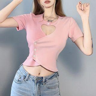 Heart Cutout Two-tone Cropped T-shirt