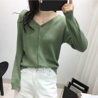 Long-sleeve V-neck Ribbed Knit Cardigan