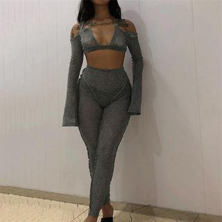 Set: Long-sleeve Cold-shoulder Crop Top + Leggings