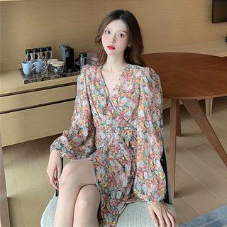 Long-sleeve Floral Print V-neck Mini Dress As Shown In Figure - One Size