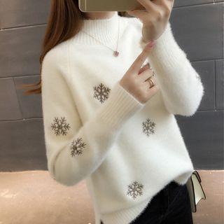 Mock-turtleneck Snowflake Embroidered Sweater