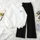 Set: Smiley Face Print Hoodie + Wide Leg Pants