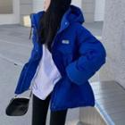 Drawstring-waist Hooded Padded Coat Blue - One Size