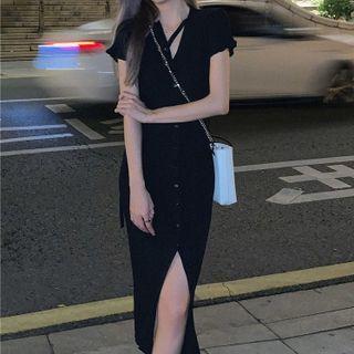 Short-sleeve Button-up Midi Sheath Knit Dress