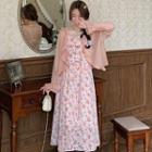 Spaghetti Strap Ruffle Trim Floral A-line Midi Dress / Plain Ruffle Trim Cardigan