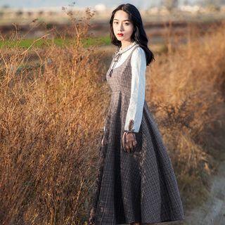 Mock Two-piece Long-sleeve Plaid Panel A-line Midi Dress